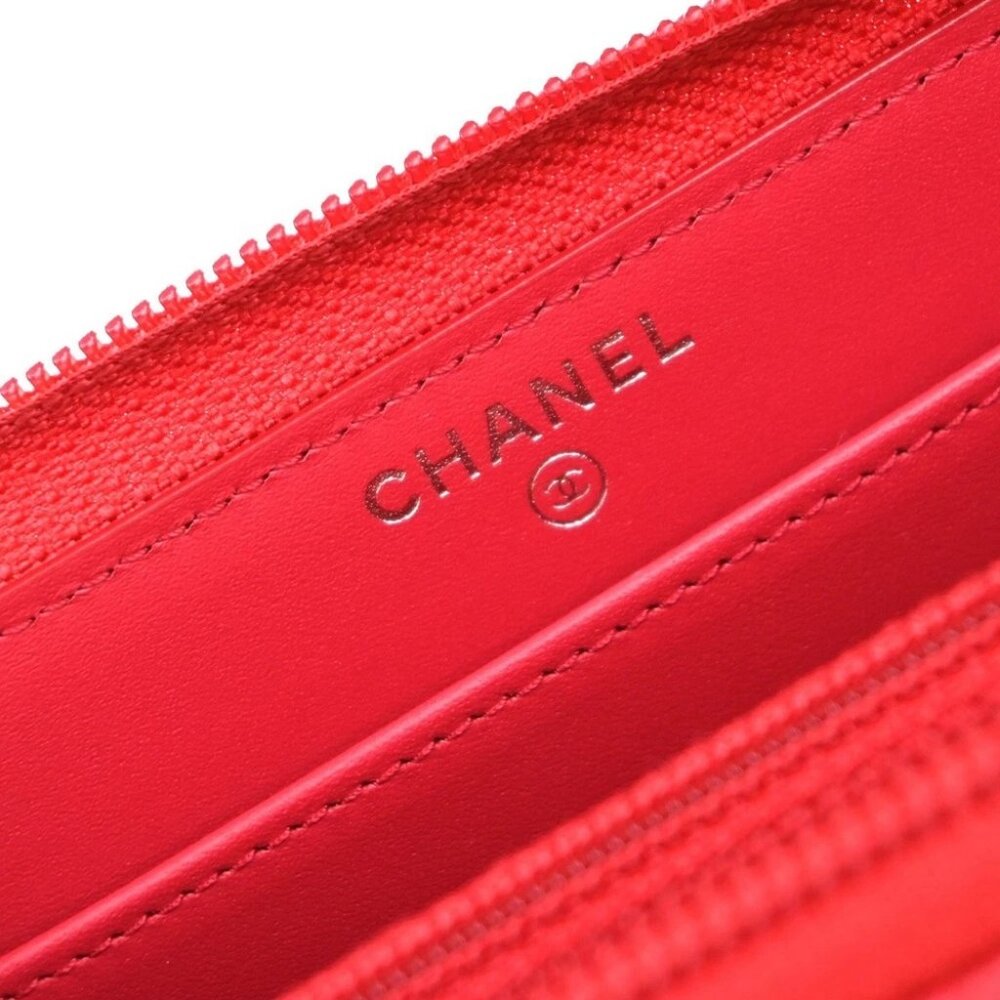CHANEL CC Logo Zip Around Long Wallet Grained Calfskin Leather Red - Picture 13 of 14